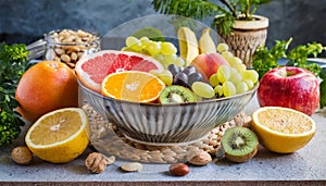 Healthy vegetarian bowl dish with fresh fruits and nuts. Plate with raw apple, orange, grapefruit, banana, kiwi, lemon, grape