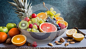 Healthy vegetarian bowl dish with fresh fruits and nuts. Plate with raw apple, orange, grapefruit, banana, kiwi, lemon, grape