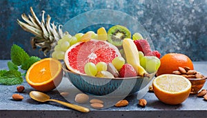 Healthy vegetarian bowl dish with fresh fruits and nuts. Plate with raw apple, orange, grapefruit, banana, kiwi, lemon, grape
