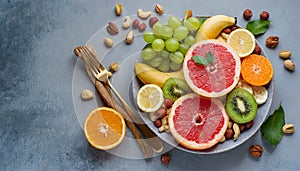 Healthy vegetarian bowl dish with fresh fruits and nuts. Plate with raw apple, orange, grapefruit, banana, kiwi, lemon, grape