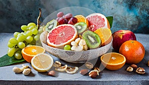 Healthy vegetarian bowl dish with fresh fruits and nuts. Plate with raw apple, orange, grapefruit, banana, kiwi, lemon, grape