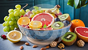 Healthy vegetarian bowl dish with fresh fruits and nuts. Plate with raw apple, orange, grapefruit, banana, kiwi, lemon, grape