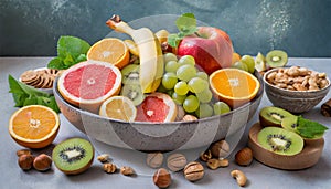 Healthy vegetarian bowl dish with fresh fruits and nuts. Plate with raw apple, orange, grapefruit, banana, kiwi, lemon, grape