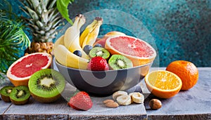 Healthy vegetarian bowl dish with fresh fruits and nuts. Plate with raw apple, orange, grapefruit, banana, kiwi, lemon, grape