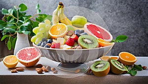 Healthy vegetarian bowl dish with fresh fruits and nuts. Plate with raw apple, orange, grapefruit, banana, kiwi, lemon, grape