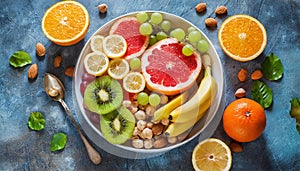 Healthy vegetarian bowl dish with fresh fruits and nuts. Plate with raw apple, orange, grapefruit, banana, kiwi, lemon, grape