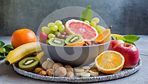 Healthy vegetarian bowl dish with fresh fruits and nuts. Plate with raw apple, orange, grapefruit, banana, kiwi, lemon, grape