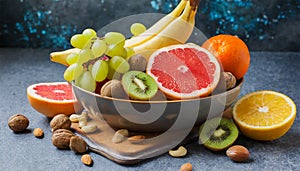 Healthy vegetarian bowl dish with fresh fruits and nuts. Plate with raw apple, orange, grapefruit, banana, kiwi, lemon, grape