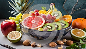 Healthy vegetarian bowl dish with fresh fruits and nuts. Plate with raw apple, orange, grapefruit, banana, kiwi, lemon, grape