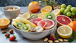 Healthy vegetarian bowl dish with fresh fruits and nuts. Plate with raw apple, orange, grapefruit, banana, kiwi, lemon, grape