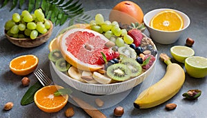 Healthy vegetarian bowl dish with fresh fruits and nuts. Plate with raw apple, orange, grapefruit, banana, kiwi, lemon, grape