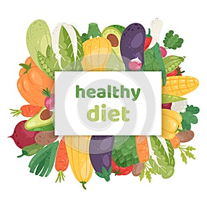 Healthy vegetarian diet vector illustration. Fresh organic dietary vegetables for health and banner with text used for