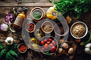 Healthy vegetarian eating and home cooking concept. Vegan ingredients on rustic wooden table with herbs and spices. Top view