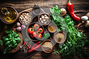 Healthy vegetarian eating and home cooking concept. Vegan ingredients on rustic wooden table with herbs and spices. Top view