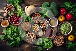 Healthy vegetarian eating and home cooking concept. Vegan ingredients on rustic wooden table with herbs and spices. Top view