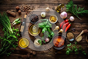 Healthy vegetarian eating and home cooking concept. Vegan ingredients on rustic wooden table with herbs and spices. Top view