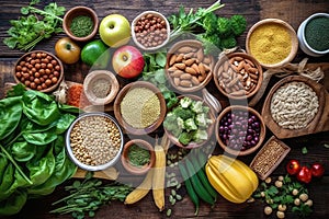 Healthy vegetarian eating and home cooking concept. Vegan ingredients on rustic wooden table with herbs and spices. Top view