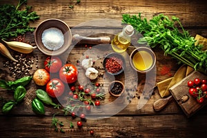 Healthy vegetarian eating and home cooking concept. Vegan ingredients on rustic wooden table with herbs and spices. Top view