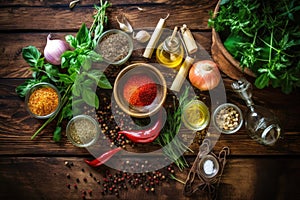 Healthy vegetarian eating and home cooking concept. Vegan ingredients on rustic wooden table with herbs and spices. Top view