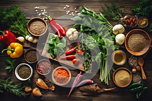 Healthy vegetarian eating and home cooking concept. Vegan ingredients on rustic wooden table with herbs and spices. Top view