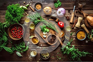 Healthy vegetarian eating and home cooking concept. Vegan ingredients on rustic wooden table with herbs and spices. Top view