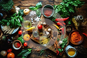 Healthy vegetarian eating and home cooking concept. Vegan ingredients on rustic wooden table with herbs and spices. Top view