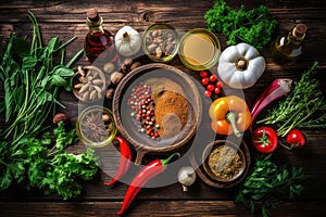 Healthy vegetarian eating and home cooking concept. Vegan ingredients on rustic wooden table with herbs and spices. Top view