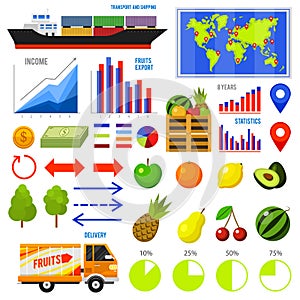 Healthy vegetarian food and fruit infographics. Vitamin Export Import, chart and icons, dieting concept, business