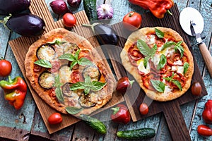 Healthy vegetarian food. Homemade Italian pizzas with aubergines