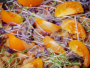 Healthy vegetarian foods with yellow tomatoes, beans and microgreens.