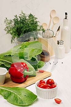 Healthy vegetarian ingredients for spring fresh green salad and kitchenware in white elegant kitchen interior. Spring vitamin diet