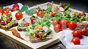 Healthy vegetarian meal food, fresh organic vegetable on bread