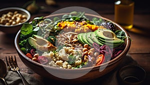 Healthy vegetarian quinoa salad in rustic wooden bowl generated by AI