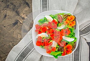 Healthy vegetarian summer salad with edible flowers