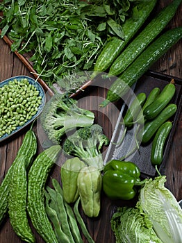 Healthy vegetarian  on the wood table