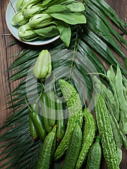 Healthy vegetarian on the wood table balsam pear