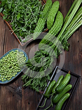 Healthy vegetarian on the wood table balsam pear