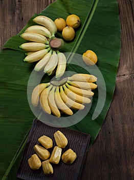 Healthy vegetarian on the wood table banana leman