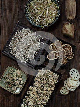 Healthy vegetarian on the wood table chrysanthemum