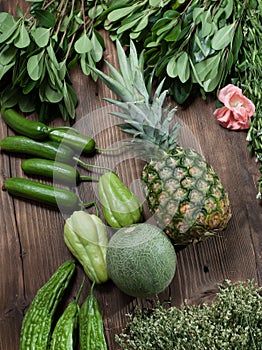 Healthy vegetarian on the wood table Fruits