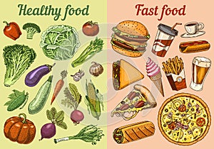 Healthy vs junk food concept. Fruits and Vegetables or fast nutrition. Balanced Diet. Lifestyle concept. Illustration