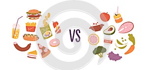 Healthy vs unhealthy food. Concept of choice between good and bad nutrition. Fastfood, sweet and fat eating versus