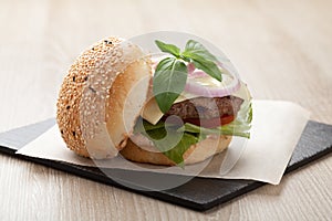 Healthy wheat sandwich hamburger with beef steak served for launch