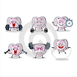 A healthy white love candy cartoon style trying some tools on Fitness center