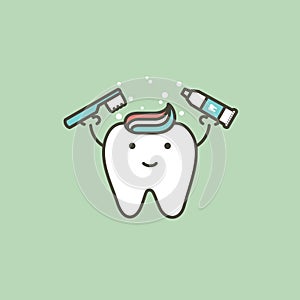 Healthy white tooth holding toothbrush and toothpaste, brushing teeth concept - dental cartoon vector flat style