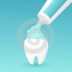 Healthy white tooth holding toothpaste, brushing teeth concept - dental cartoon vector flat style cute tooth