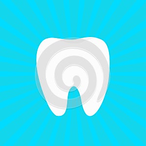 Healthy white tooth icon. Oral dental hygiene. Children teeth care. Whitening Blue sunburst starburst background with ray of light