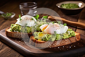 Healthy whole grain avocado toast with perfectly poached eggs for nutritious breakfast, Ai, AI Generated