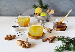 Healthy winter beverage with ginger, turmeric, cinnamon stick, lemon, honey and black pepper. Decorated with pins