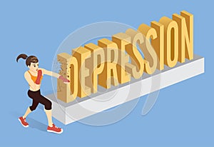 Healthy woman breaking the word Depression with punching.